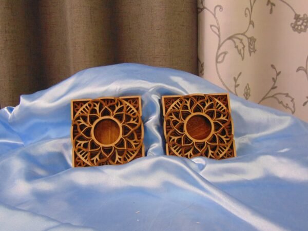 Wood Engraved Six-Layered MANDALA Tea Light CANDLE HOLDER - Pair with Two Flameless Candles - Image 6