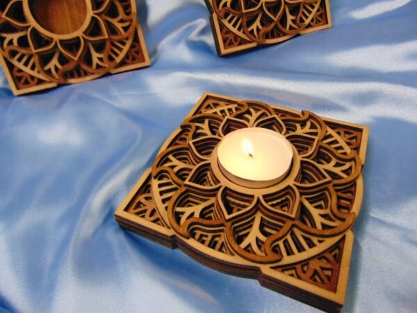 Wood Engraved Six-Layered MANDALA Tea Light CANDLE HOLDER - Pair with Two Flameless Candles - Image 7