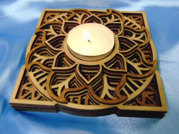 Wood Engraved Six-Layered MANDALA Tea Light CANDLE HOLDER - Pair with Two Flameless Candles - Image 2