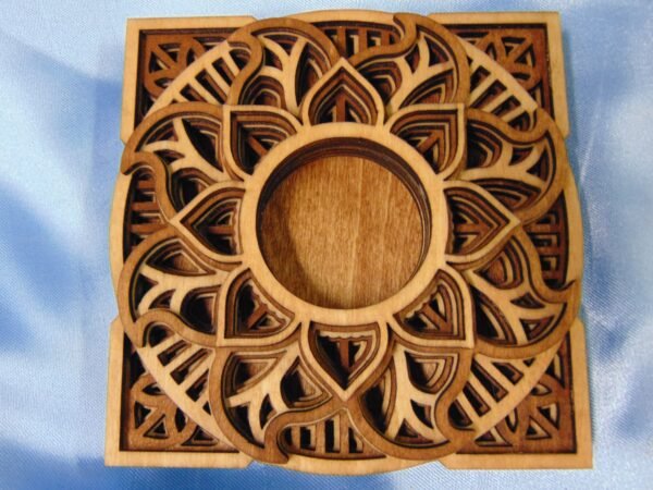 Wood Engraved Six-Layered MANDALA Tea Light CANDLE HOLDER - Pair with Two Flameless Candles - Image 3