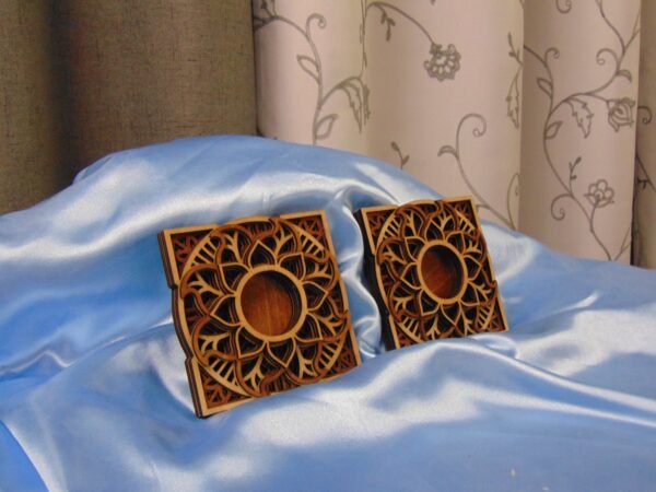 Wood Engraved Six-Layered MANDALA Tea Light CANDLE HOLDER - Pair with Two Flameless Candles - Image 4