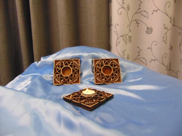 Wood Engraved Six-Layered MANDALA Tea Light CANDLE HOLDER - Pair with Two Flameless Candles - Image 10