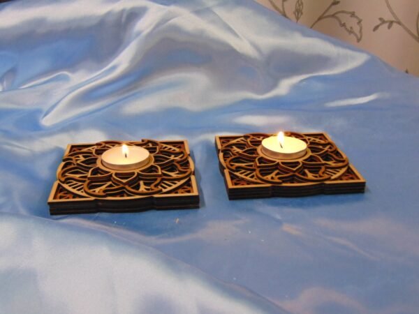 Wood Engraved Six-Layered MANDALA Tea Light CANDLE HOLDER - Pair with Two Flameless Candles - Image 8