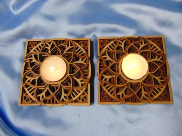 Wood Engraved Six-Layered MANDALA Tea Light CANDLE HOLDER - Pair with Two Flameless Candles - Image 9