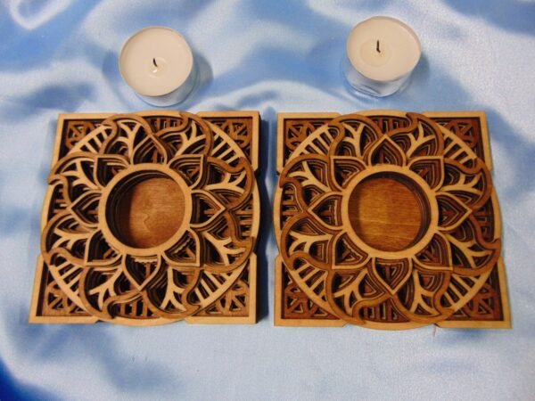 Wood Engraved Six-Layered MANDALA Tea Light CANDLE HOLDER - Pair with Two Flameless Candles