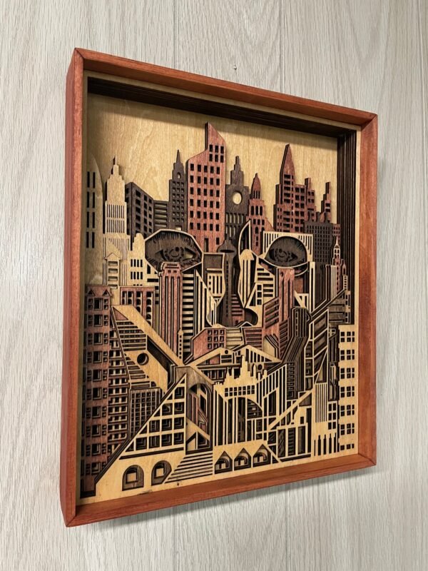 Wooden City Scape Art – Metro Eyes Art – Skyline Wall Art – City Wall Art – Mandala Face Art – 10 Layered Wooden Art – Modern Cityscape Art - Image 3