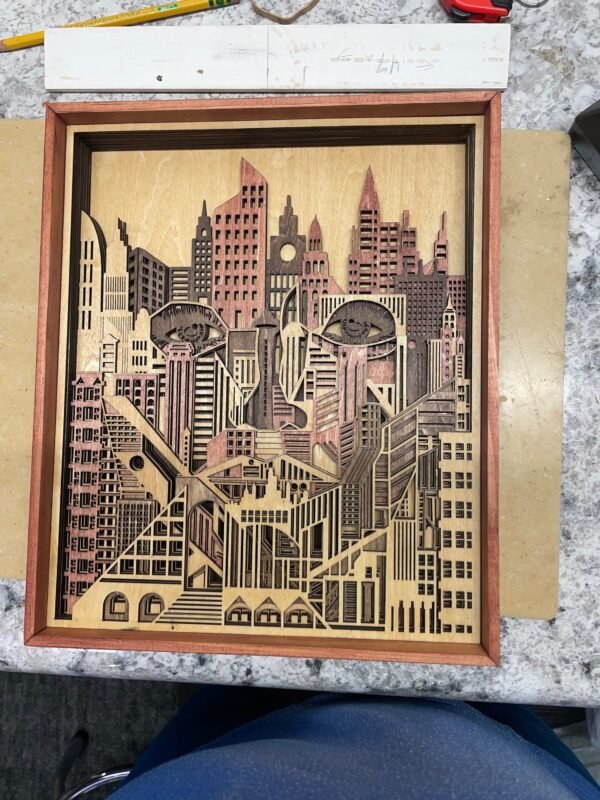 Wooden City Scape Art – Metro Eyes Art – Skyline Wall Art – City Wall Art – Mandala Face Art – 10 Layered Wooden Art – Modern Cityscape Art - Image 2