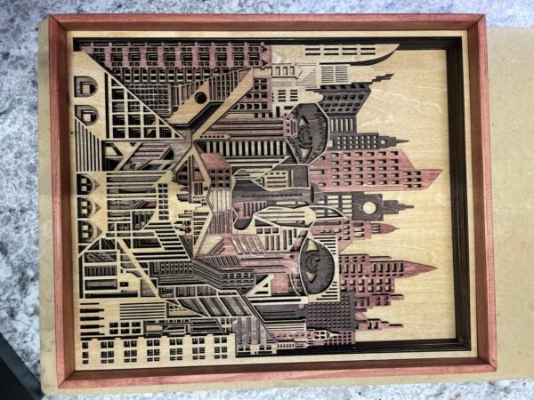 Wooden City Scape Art – Metro Eyes Art – Skyline Wall Art – City Wall Art – Mandala Face Art – 10 Layered Wooden Art – Modern Cityscape Art - Image 4