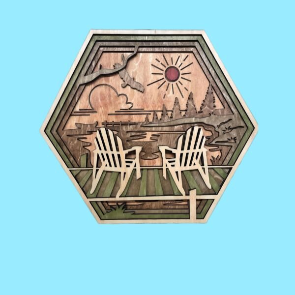 Wooden Lake Art – 5 layered Lake Wall Art – Hexagon Adirondack Wall Decor – Chairs Shadow Box – Hexagon Wall Art – Rustic Cabin Decor Gift - Image 2