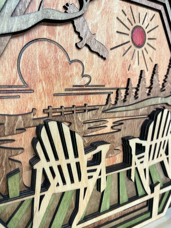 Wooden Lake Art – 5 layered Lake Wall Art – Hexagon Adirondack Wall Decor – Chairs Shadow Box – Hexagon Wall Art – Rustic Cabin Decor Gift - Image 5