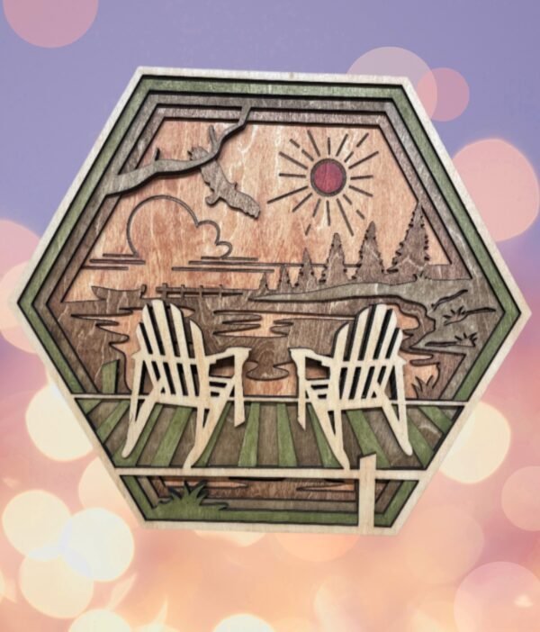 Wooden Lake Art – 5 layered Lake Wall Art – Hexagon Adirondack Wall Decor – Chairs Shadow Box – Hexagon Wall Art – Rustic Cabin Decor Gift - Image 9