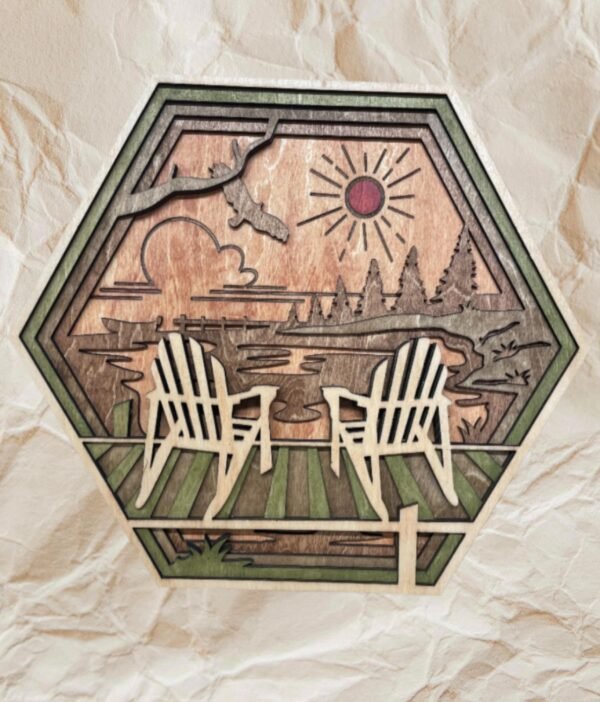 Wooden Lake Art – 5 layered Lake Wall Art – Hexagon Adirondack Wall Decor – Chairs Shadow Box – Hexagon Wall Art – Rustic Cabin Decor Gift - Image 10