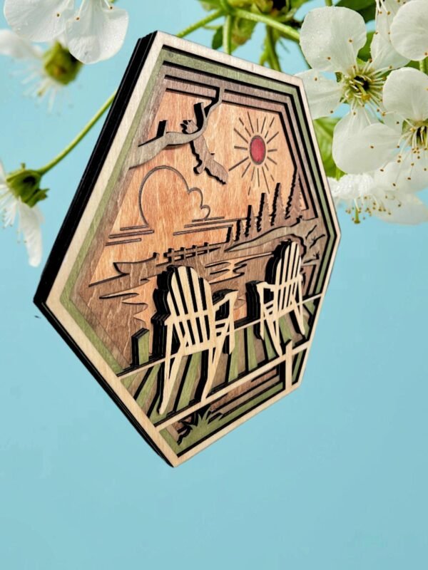Wooden Lake Art – 5 layered Lake Wall Art – Hexagon Adirondack Wall Decor – Chairs Shadow Box – Hexagon Wall Art – Rustic Cabin Decor Gift - Image 4