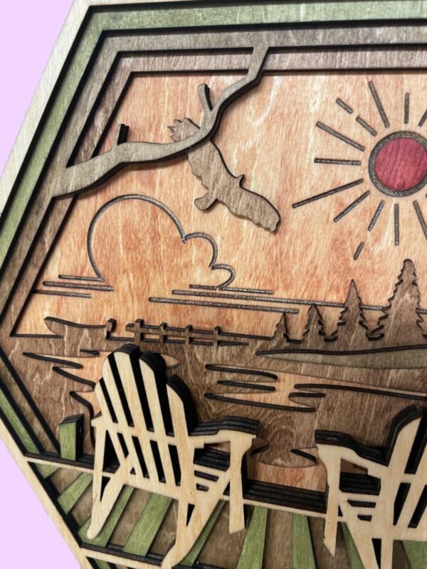 Wooden Lake Art – 5 layered Lake Wall Art – Hexagon Adirondack Wall Decor – Chairs Shadow Box – Hexagon Wall Art – Rustic Cabin Decor Gift - Image 6