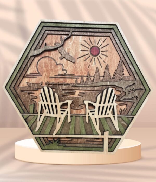 Wooden Lake Art – 5 layered Lake Wall Art – Hexagon Adirondack Wall Decor – Chairs Shadow Box – Hexagon Wall Art – Rustic Cabin Decor Gift