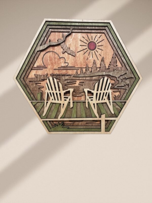 Wooden Lake Art – 5 layered Lake Wall Art – Hexagon Adirondack Wall Decor – Chairs Shadow Box – Hexagon Wall Art – Rustic Cabin Decor Gift - Image 8