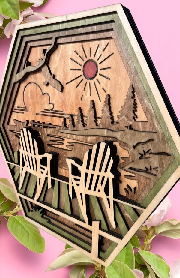 Wooden Lake Art – 5 layered Lake Wall Art – Hexagon Adirondack Wall Decor – Chairs Shadow Box – Hexagon Wall Art – Rustic Cabin Decor Gift - Image 3