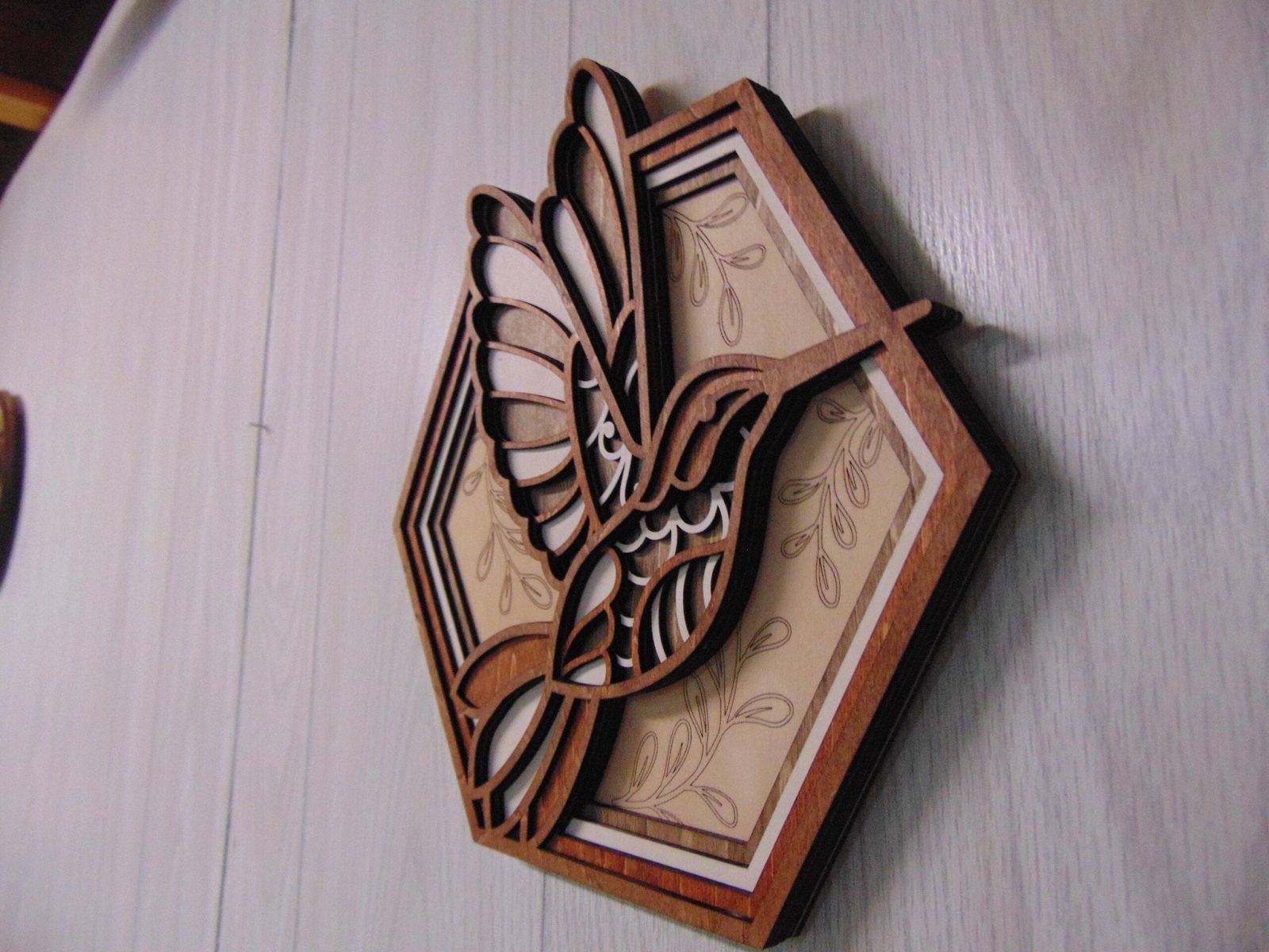 Wooden Hummingbird Art – 5 layered Hummingbird Wall Art – Wooden Hexagon Art – Hummingbird Hexagon Shadow Box – Hummingbird Decor Gift Idea - Image 5