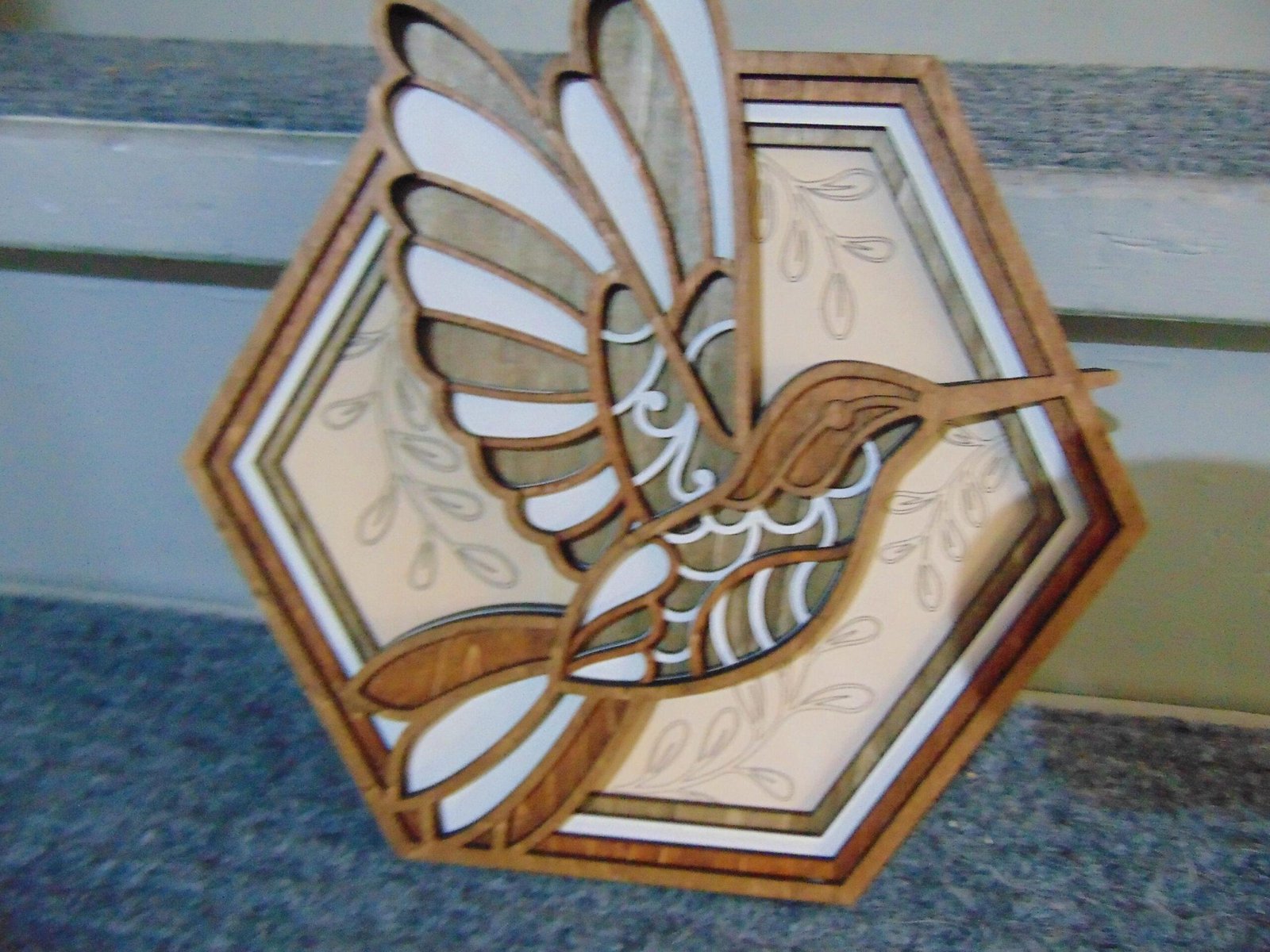 Wooden Hummingbird Art – 5 layered Hummingbird Wall Art – Wooden Hexagon Art – Hummingbird Hexagon Shadow Box – Hummingbird Decor Gift Idea - Image 3